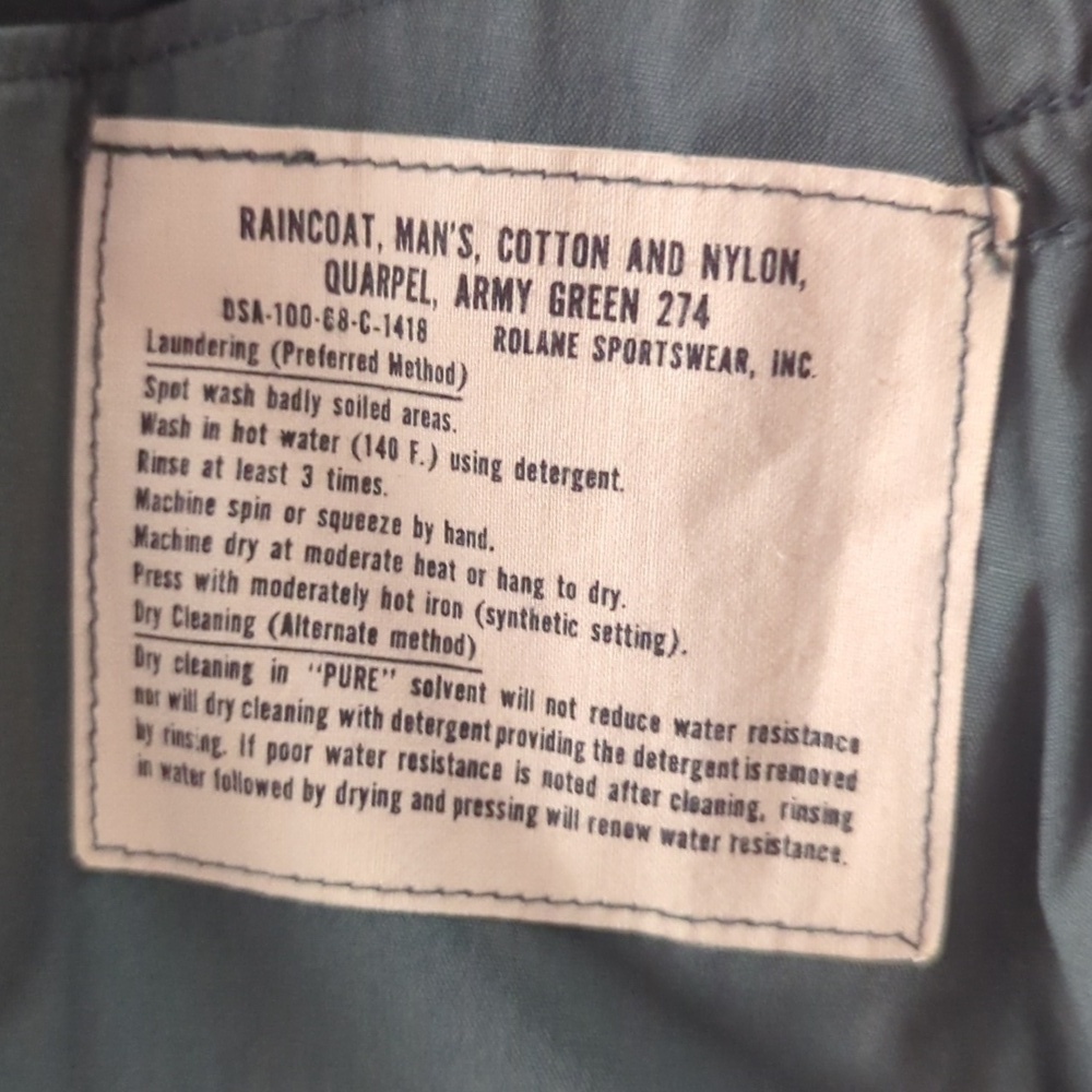 Vintage 1986 US Army Military Trench Coat Belted Raincoat Olive Green 36L - Picture 9 of 9